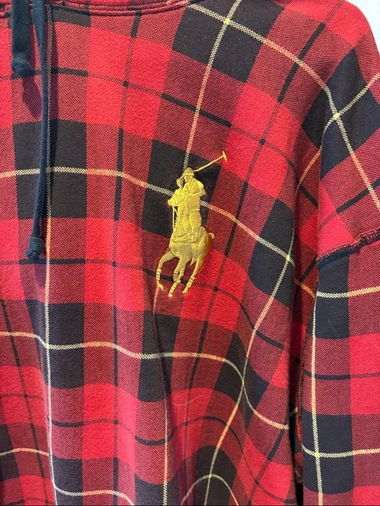 Polo by Ralph Lauren Red & Black Plaid Hooded Sweatshirt with Gold Pony - Picture 2 of 5